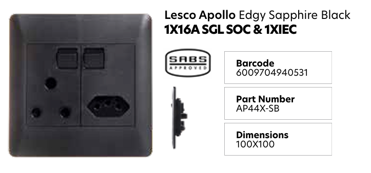 Lesco Apollo Socket 1x16A 1xNew Slim Saphire Black