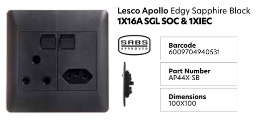 Lesco Apollo Socket 1x16A 1xNew Slim Saphire Black